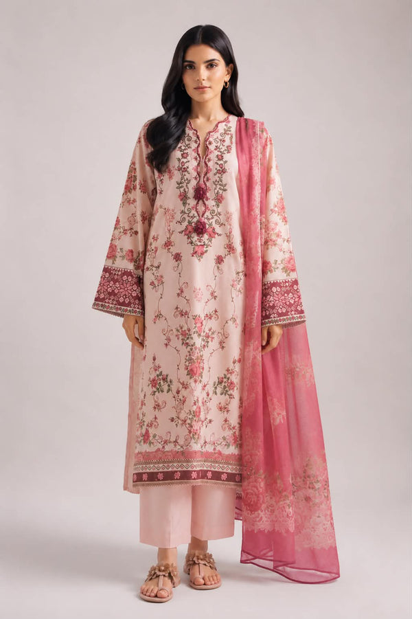 ETHNC 3 Piece Embroidered Lawn Suit for Women | Floral Embroidered Lawn Shirt, Dyed Trouser & Printed Lawn Dupatta