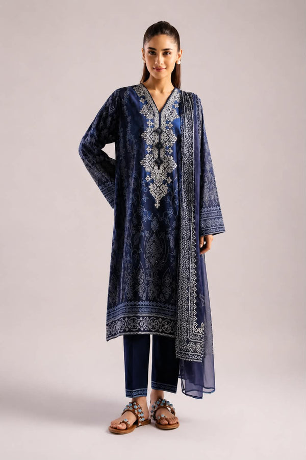 ETHNC 3 Piece Embroidered Lawn Suit for Women | Floral Embroidered Lawn Shirt, Dyed Trouser & Printed Lawn Dupatta