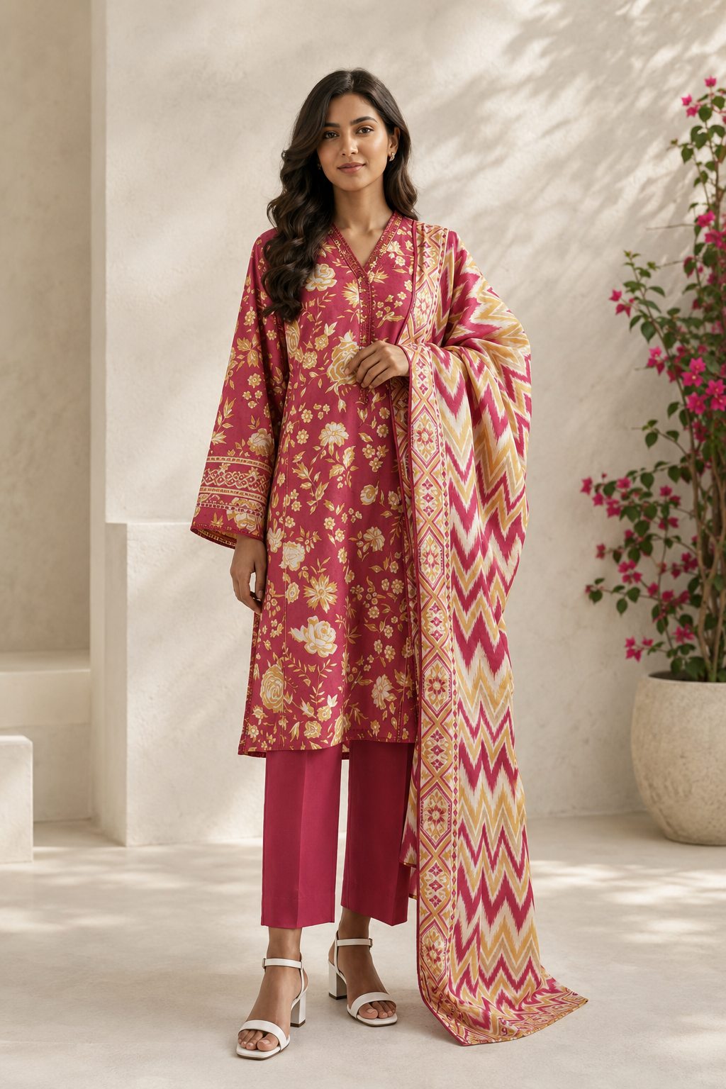 Saya 3 Piece Printed Lawn Suit for Women Unstitched Suit/|Shirt, Dupatta & Dyed Cambric Trouser