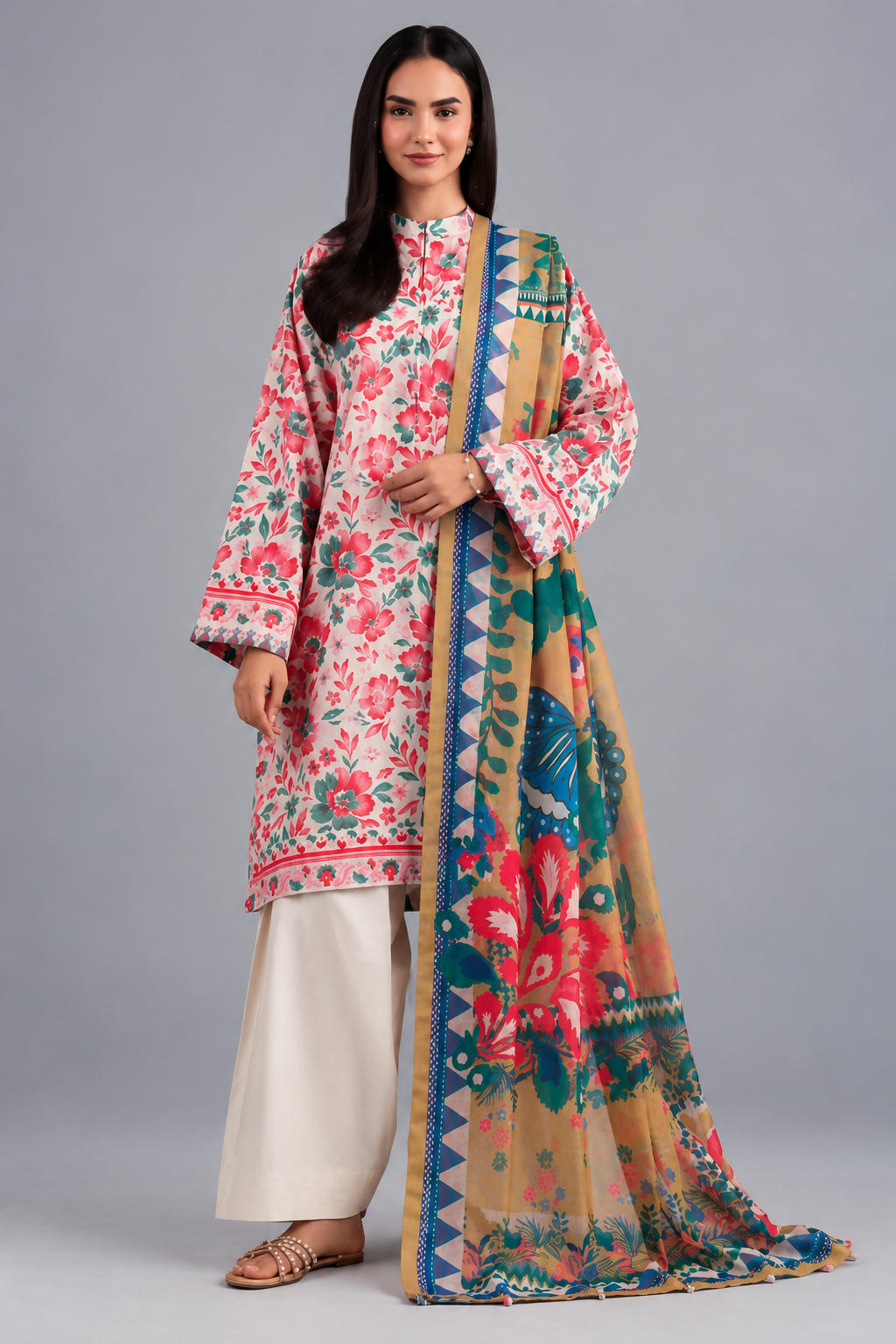 Nishat Elegant Floral Printed Lawn 3-Piece Unstitched Suit with Printed Dupatta & Dyed Trouser