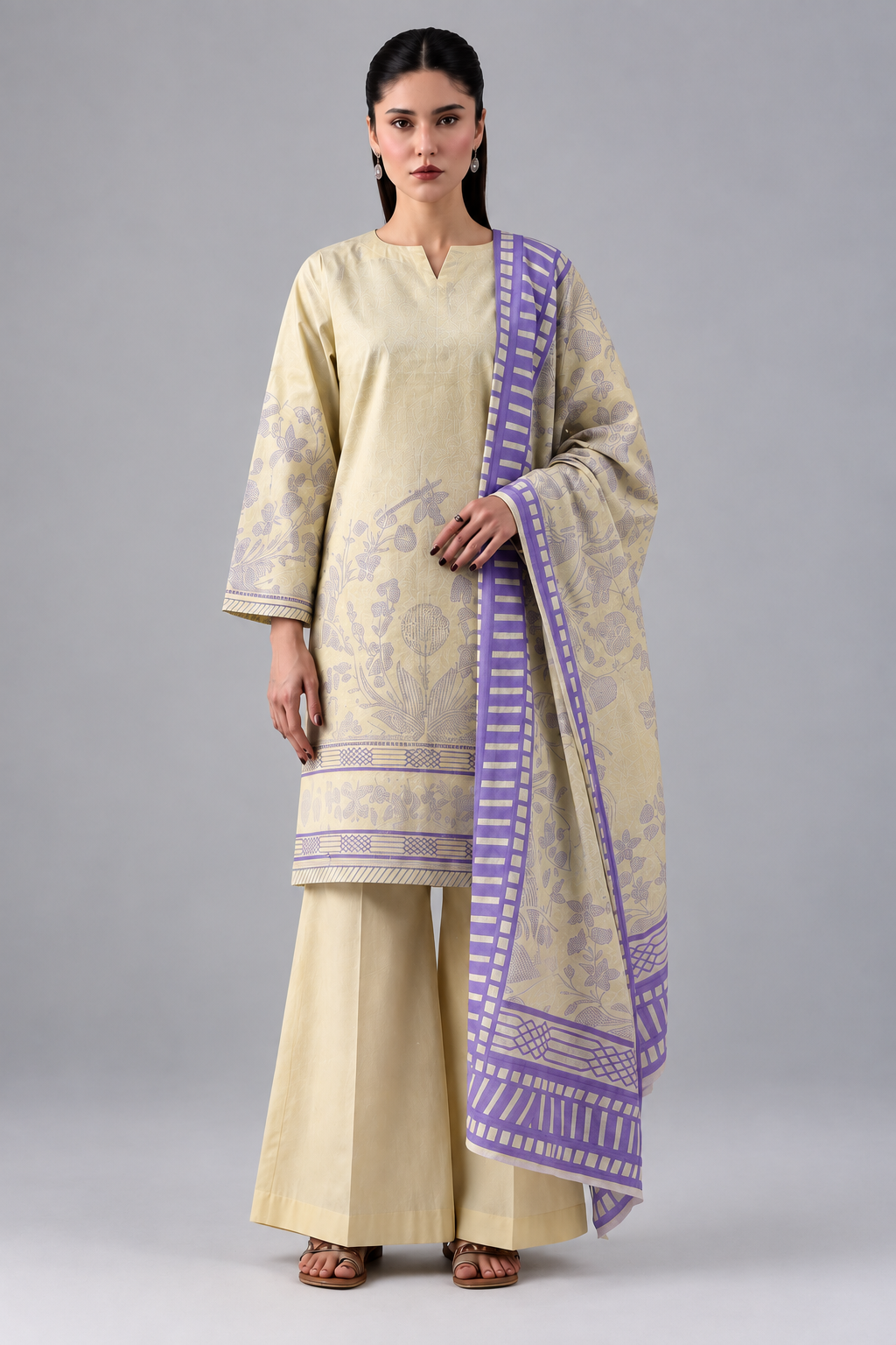 Nishat Pastel Floral Printed Lawn 3-Piece Unstitched Suit with Printed Lawn Dupatta & Dyed Trouser