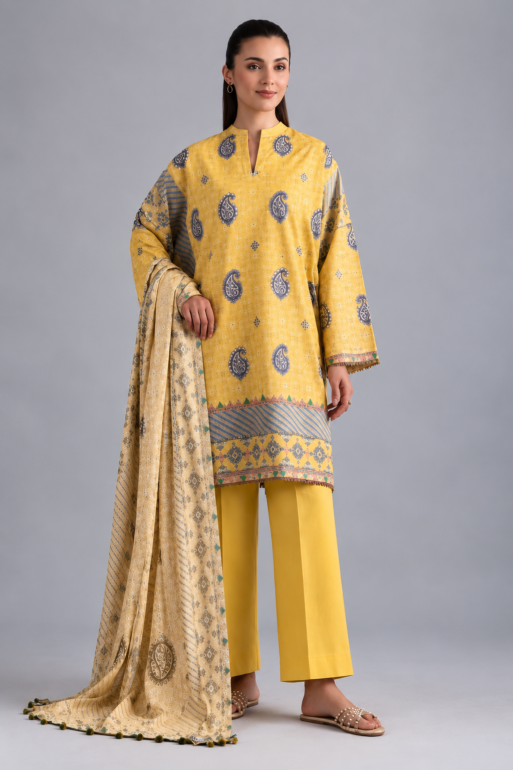 Nishat Mustard Printed Lawn 3-Piece Unstitched Suit with Printed Lawn Dupatta &amp; Dyed Trouser