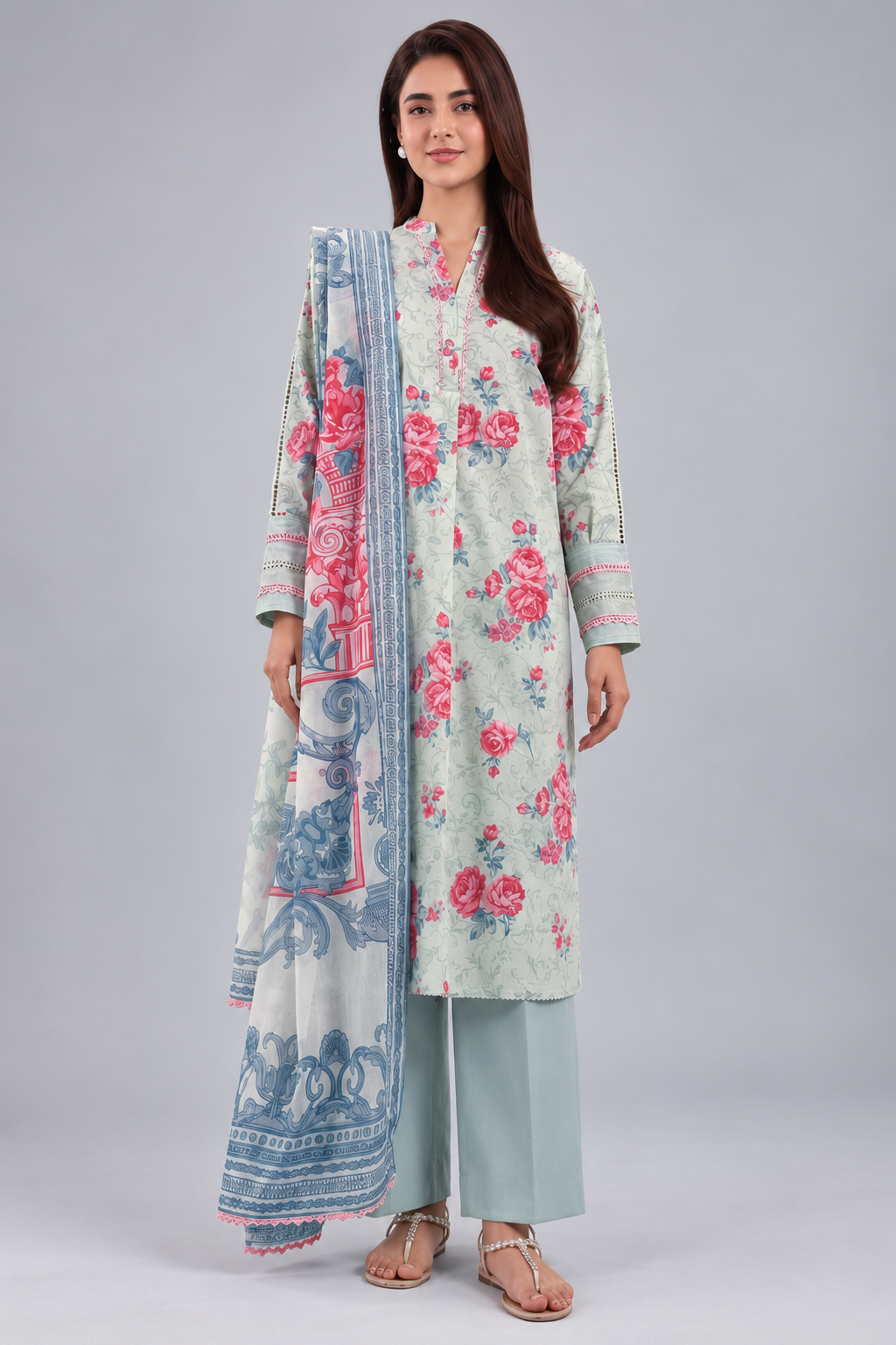 Nishat Mint Floral Printed Lawn 3-Piece Unstitched Suit with Printed Lawn Dupatta & Dyed Trouser