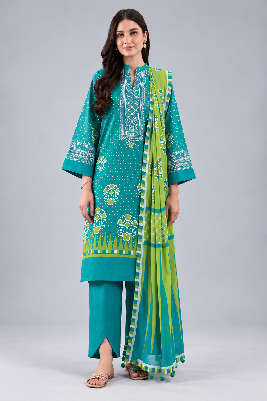 Nishat Teal Printed Lawn 3-Piece Unstitched Suit with Printed Lawn Dupatta & Dyed Trouser