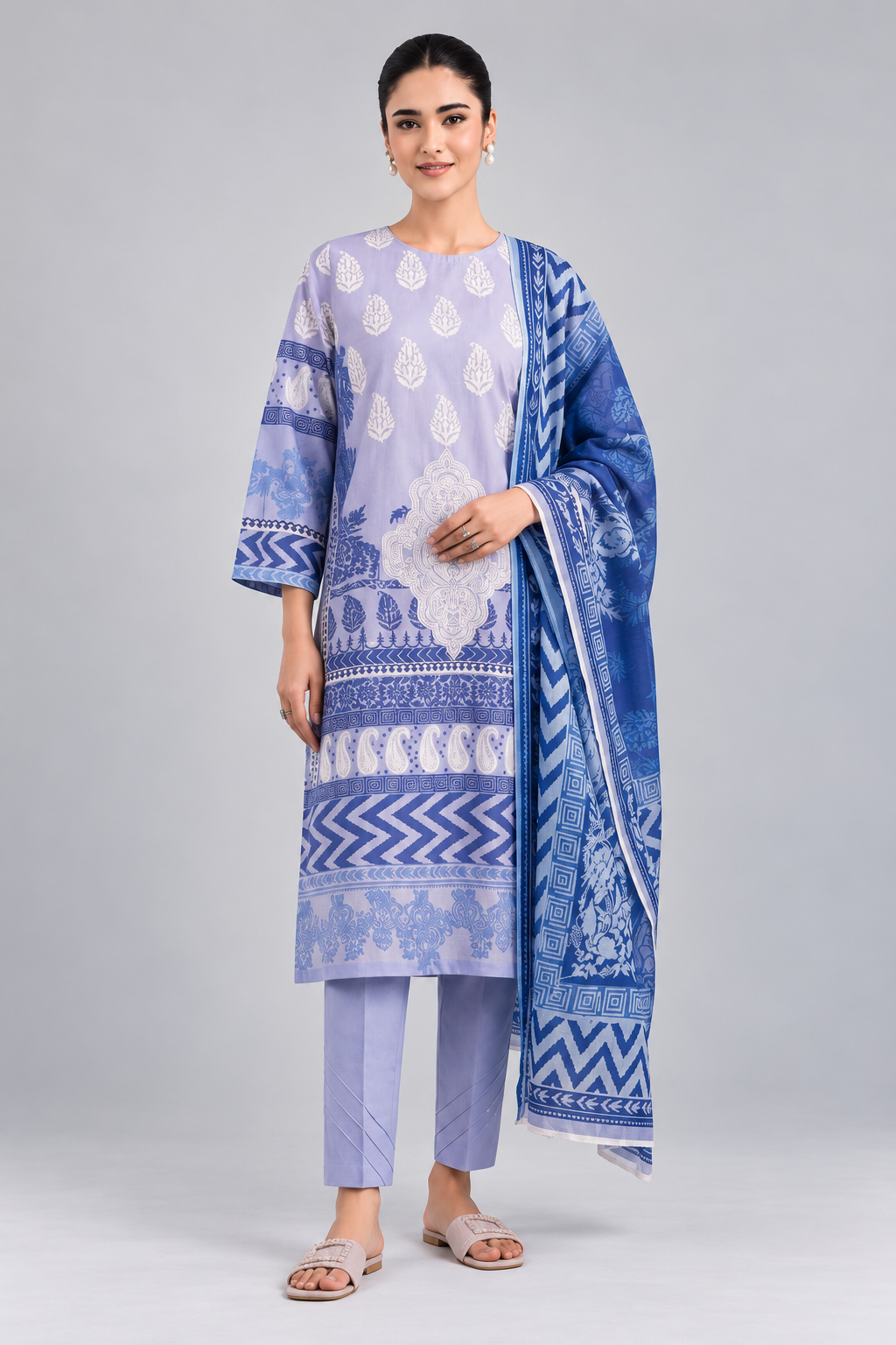 Nishat Lavender Blue Printed Lawn 3-Piece Unstitched Suit with Printed Lawn Dupatta & Dyed Trouser