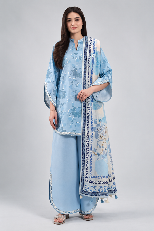 Nishat Sky Blue Floral Printed Lawn 3-Piece Unstitched Suit with Printed Lawn Dupatta & Dyed Trouser
