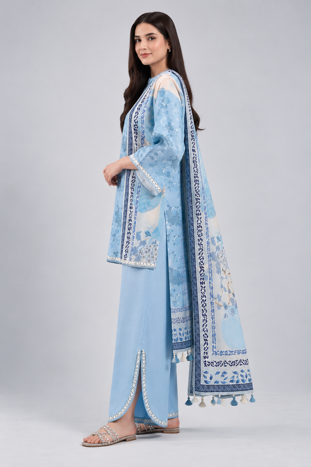 Nishat Sky Blue Floral Printed Lawn 3-Piece Unstitched Suit with Printed Lawn Dupatta & Dyed Trouser