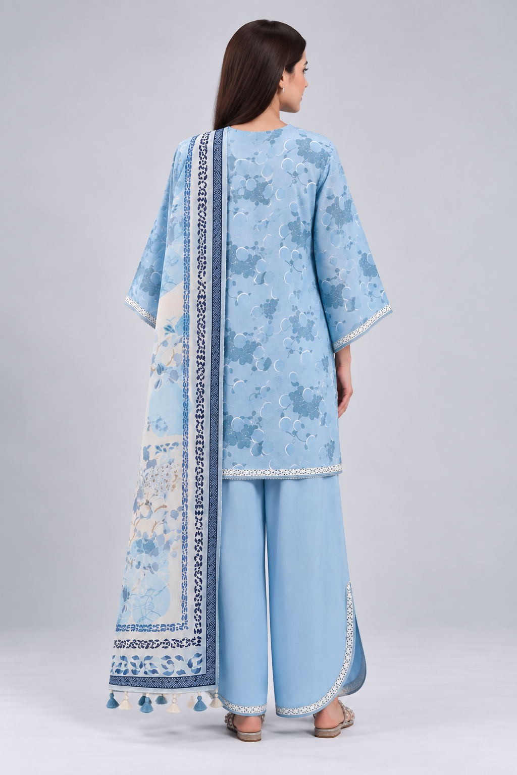 Nishat Sky Blue Floral Printed Lawn 3-Piece Unstitched Suit with Printed Lawn Dupatta & Dyed Trouser