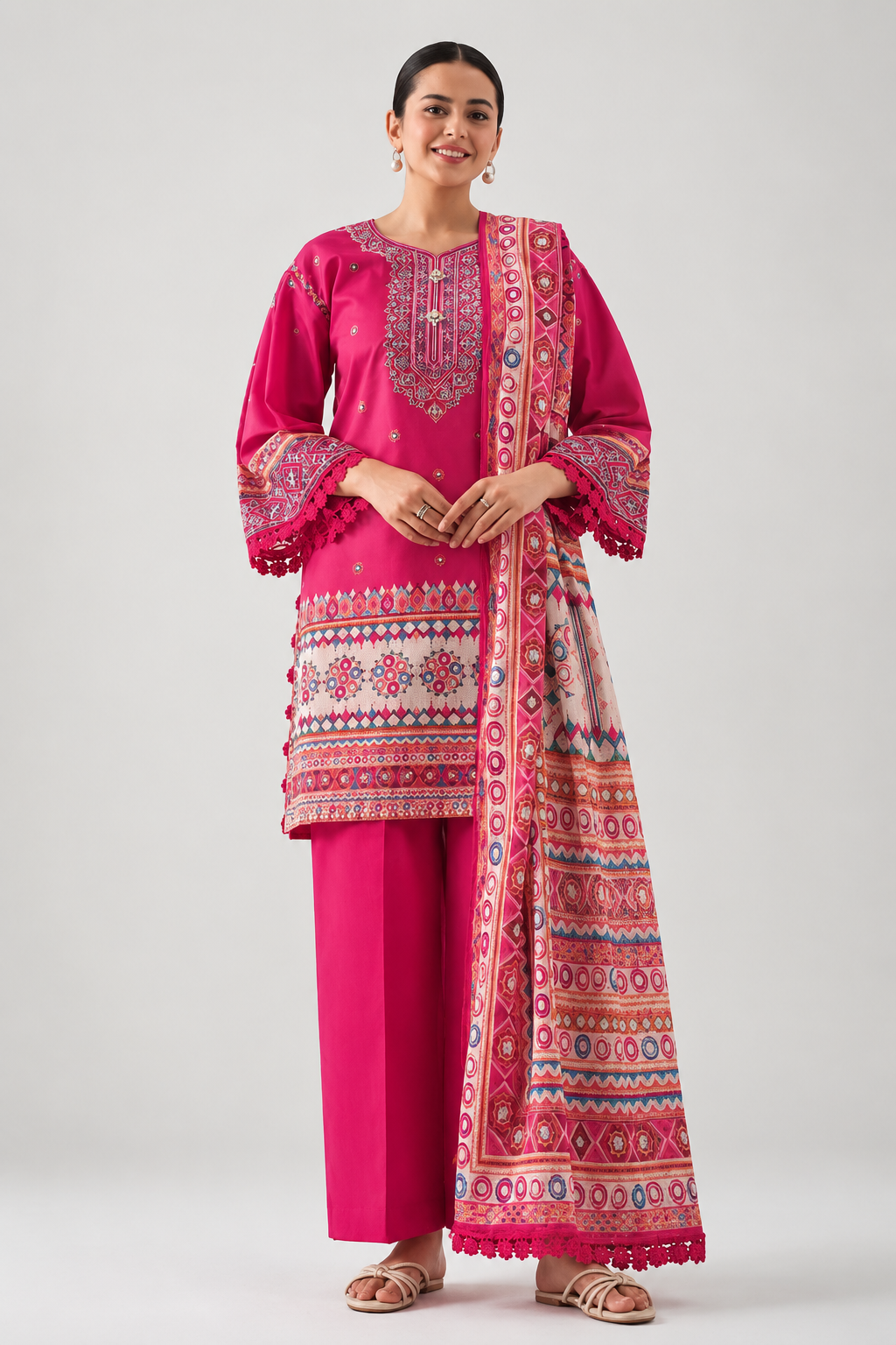 Nishat  Printed Lawn 3 Piece Suit – Fuchsia Pink | Lawn Shirt, Dyed Cambric Trouser & Printed Lawn Dupatta