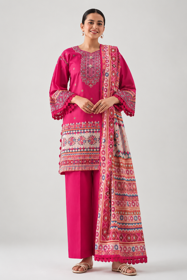 Nishat  Printed Lawn 3 Piece Suit – Fuchsia Pink | Lawn Shirt, Dyed Cambric Trouser & Printed Lawn Dupatta