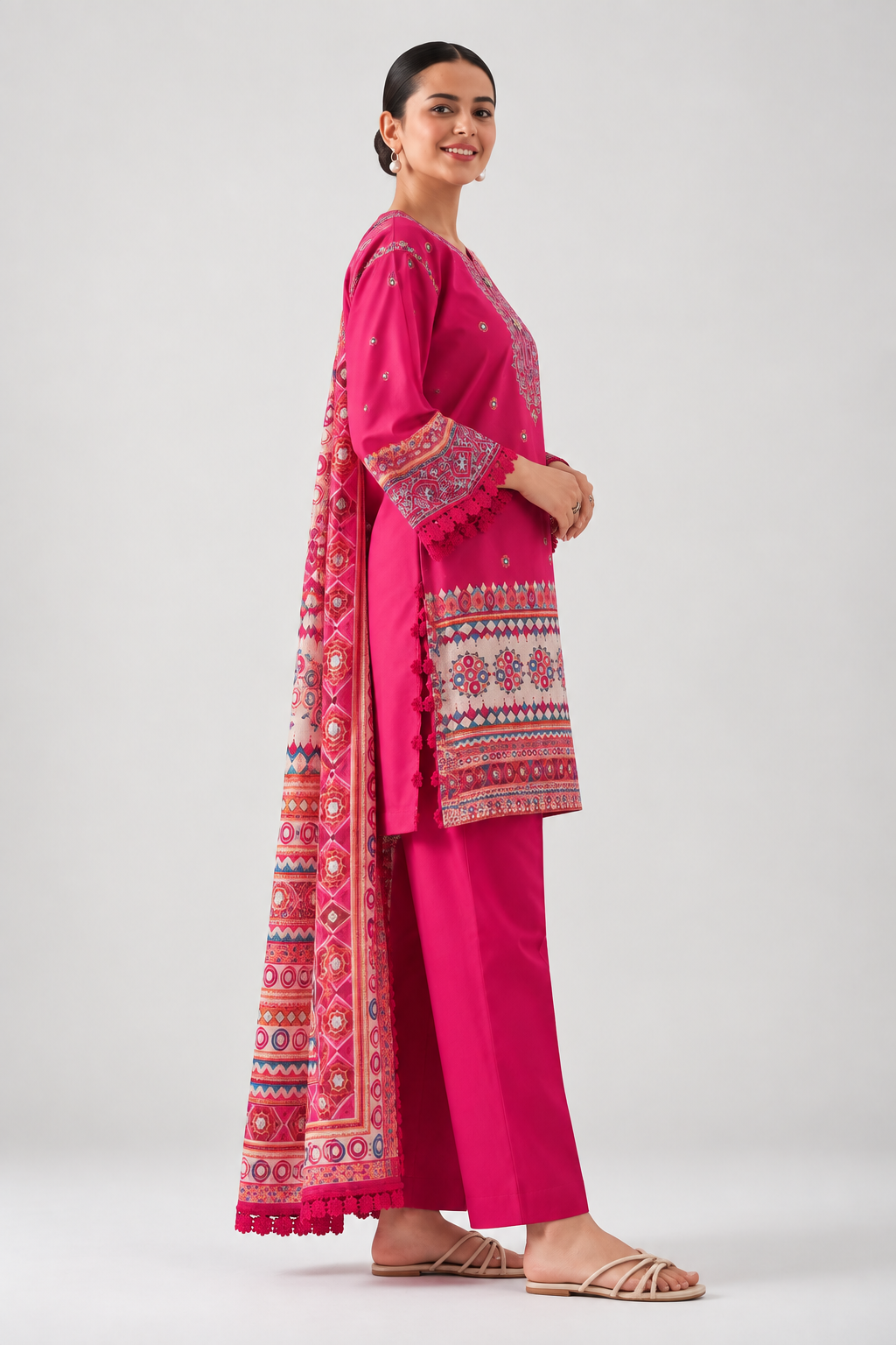 Nishat  Printed Lawn 3 Piece Suit – Fuchsia Pink | Lawn Shirt, Dyed Cambric Trouser & Printed Lawn Dupatta