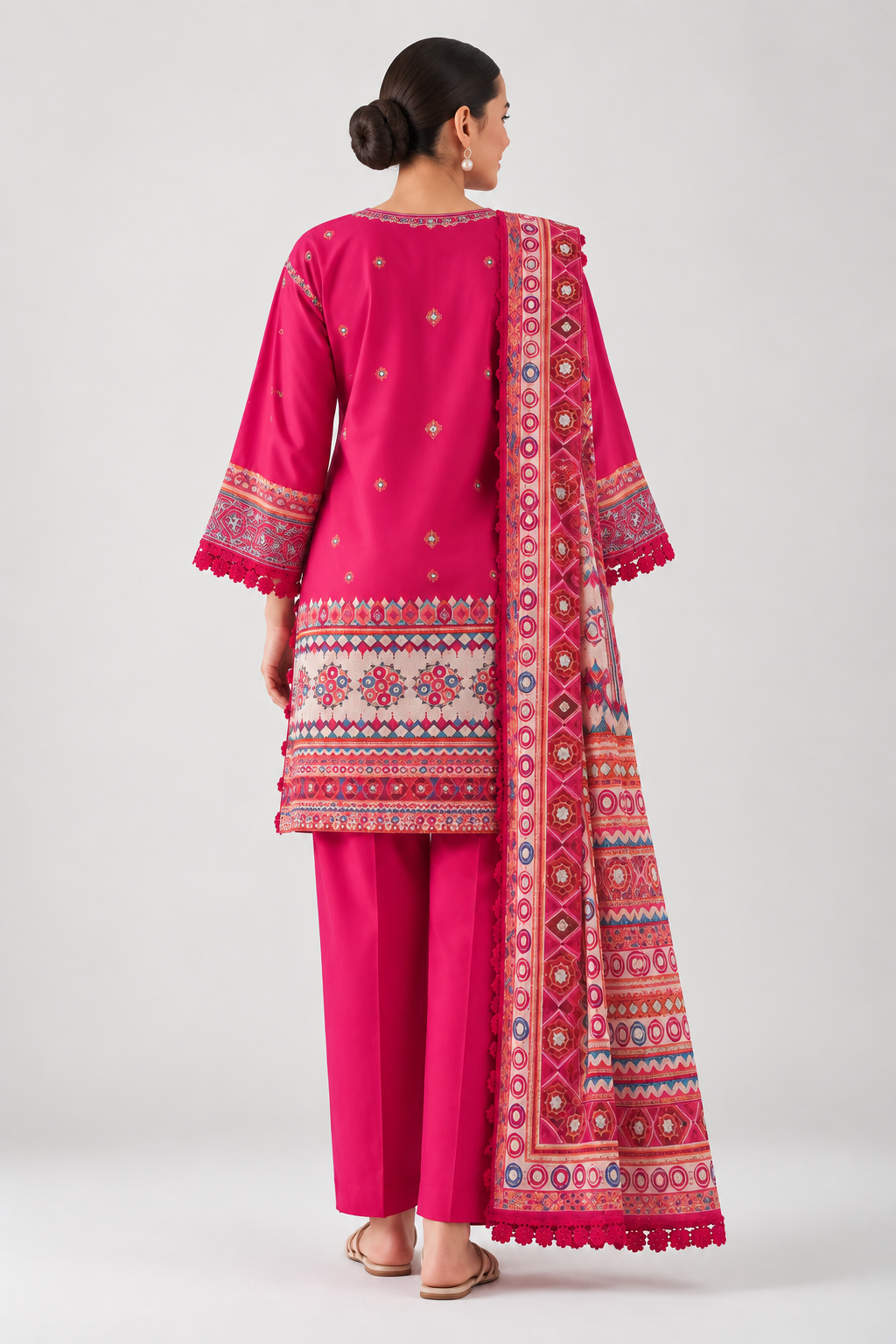 Nishat  Printed Lawn 3 Piece Suit – Fuchsia Pink | Lawn Shirt, Dyed Cambric Trouser & Printed Lawn Dupatta
