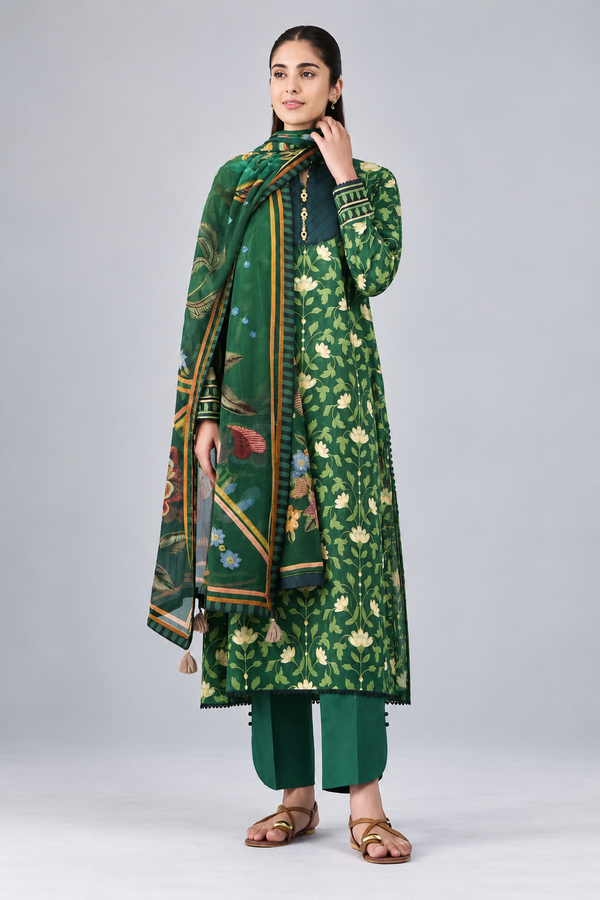 Nishat Emerald Green Floral Printed Lawn 3-Piece Unstitched Suit with Printed Lawn Dupatta & Dyed Trouser