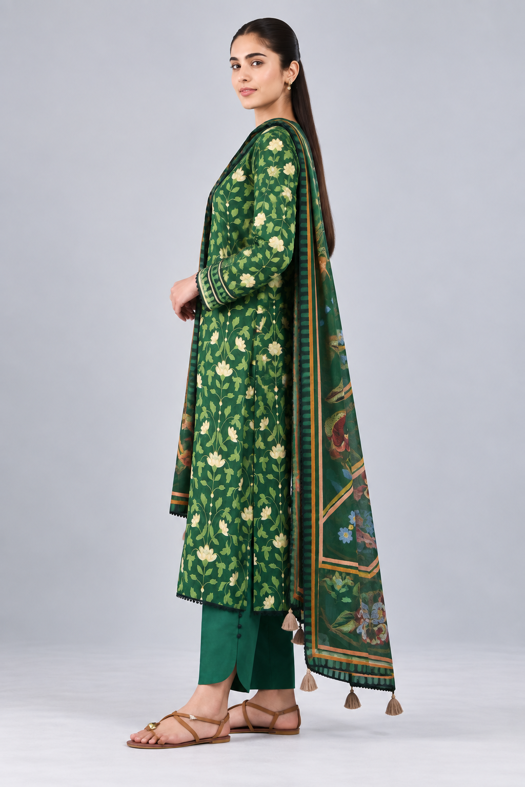 Nishat Emerald Green Floral Printed Lawn 3-Piece Unstitched Suit with Printed Lawn Dupatta & Dyed Trouser