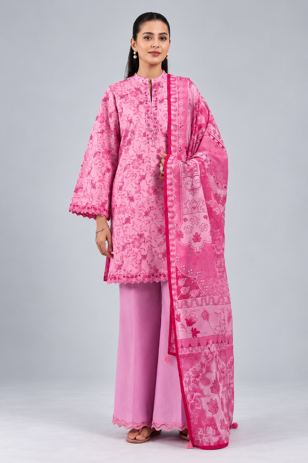 Nishat Pink Floral Printed Lawn 3-Piece Unstitched Suit with Printed Lawn Dupatta & Dyed Trouser