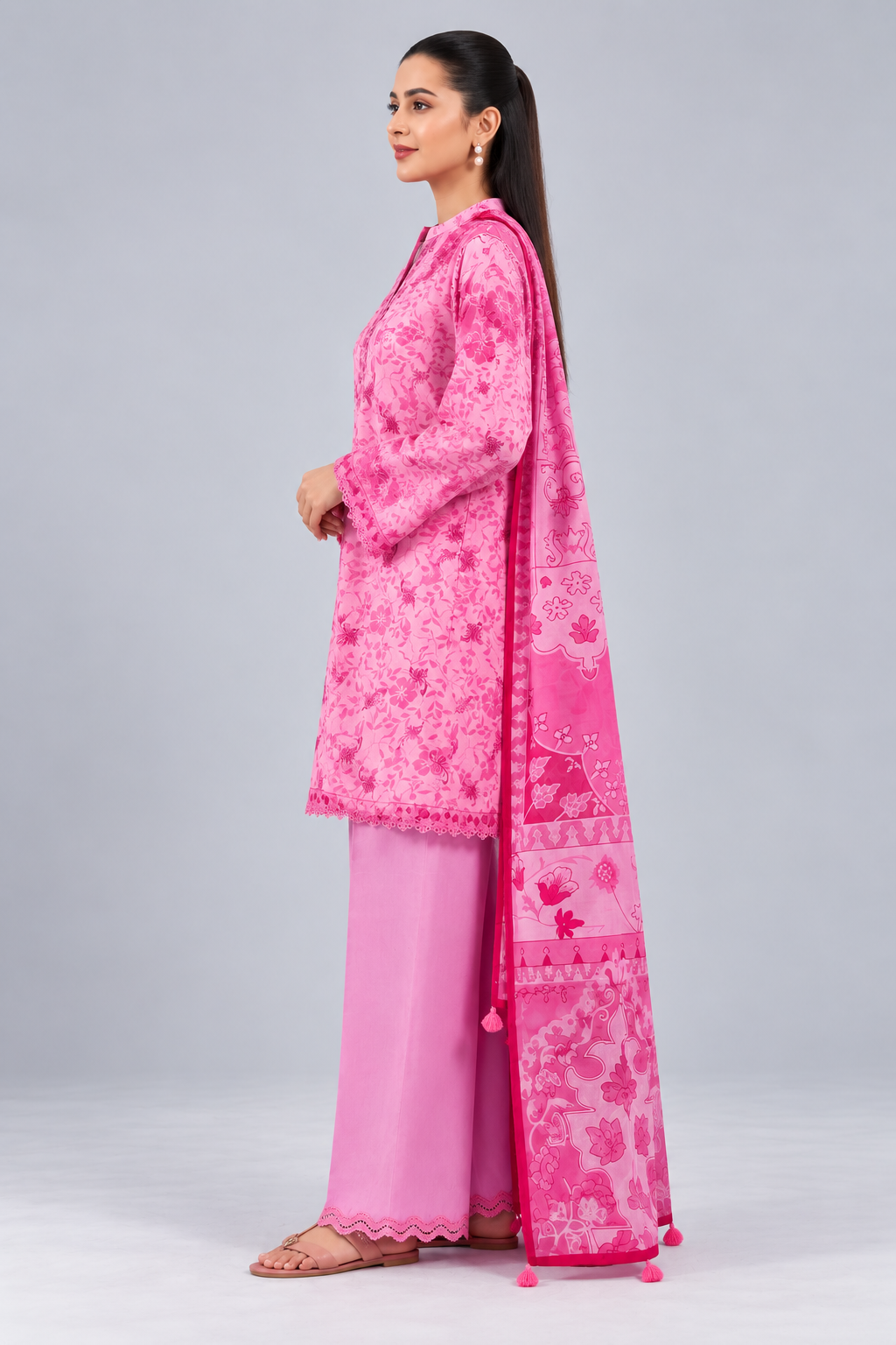 Nishat Pink Floral Printed Lawn 3-Piece Unstitched Suit with Printed Lawn Dupatta & Dyed Trouser