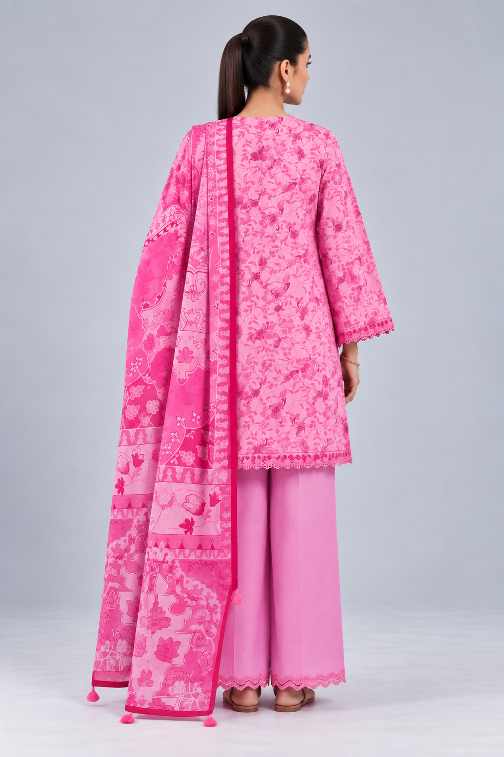 Nishat Pink Floral Printed Lawn 3-Piece Unstitched Suit with Printed Lawn Dupatta & Dyed Trouser