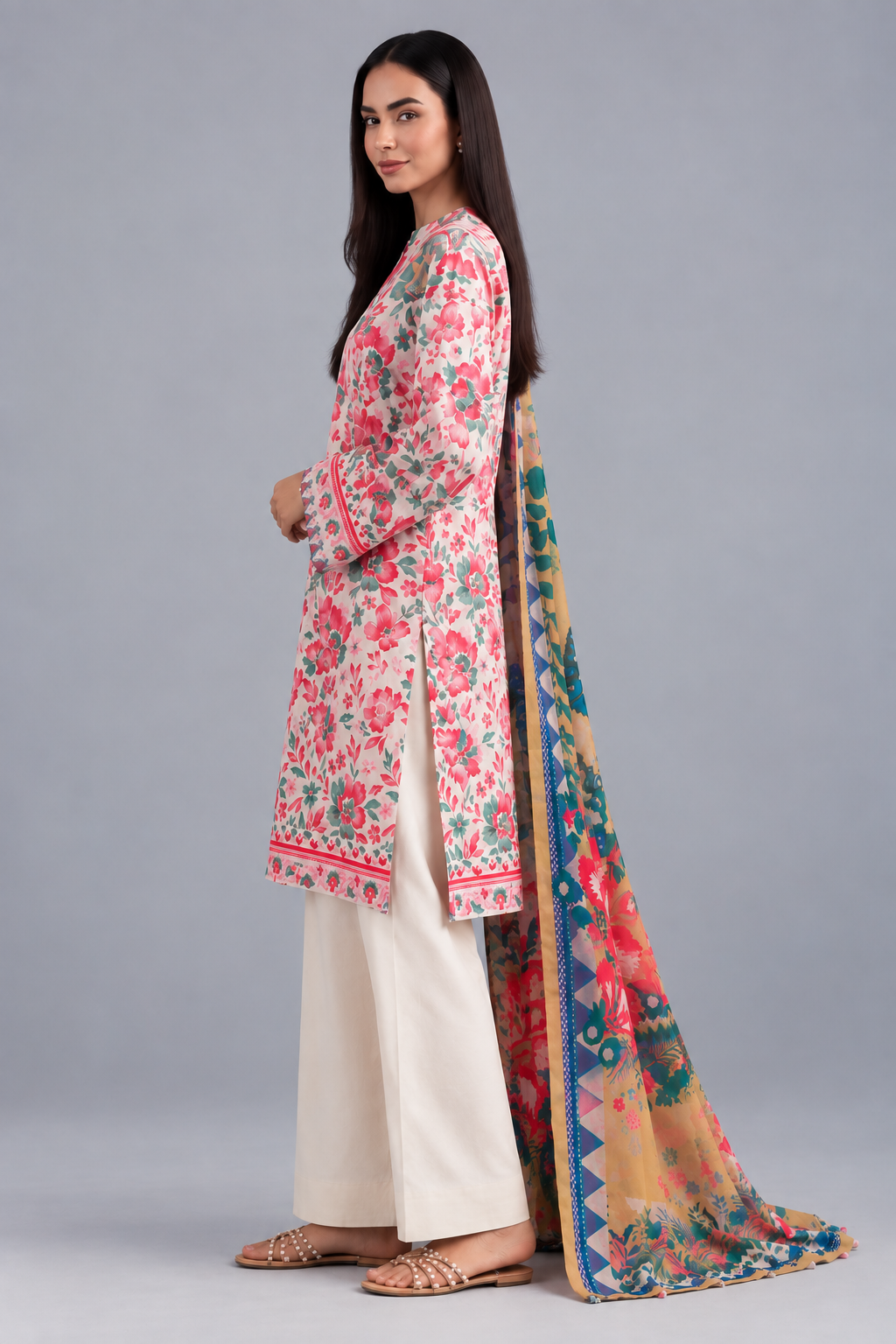 Nishat Elegant Floral Printed Lawn 3-Piece Unstitched Suit with Printed Dupatta & Dyed Trouser