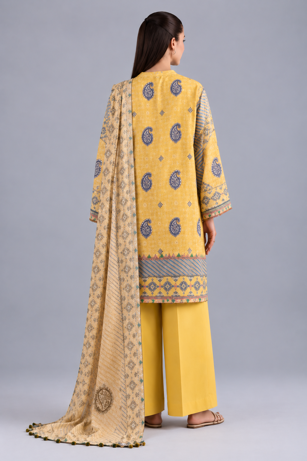 Nishat Mustard Printed Lawn 3-Piece Unstitched Suit with Printed Lawn Dupatta &amp; Dyed Trouser
