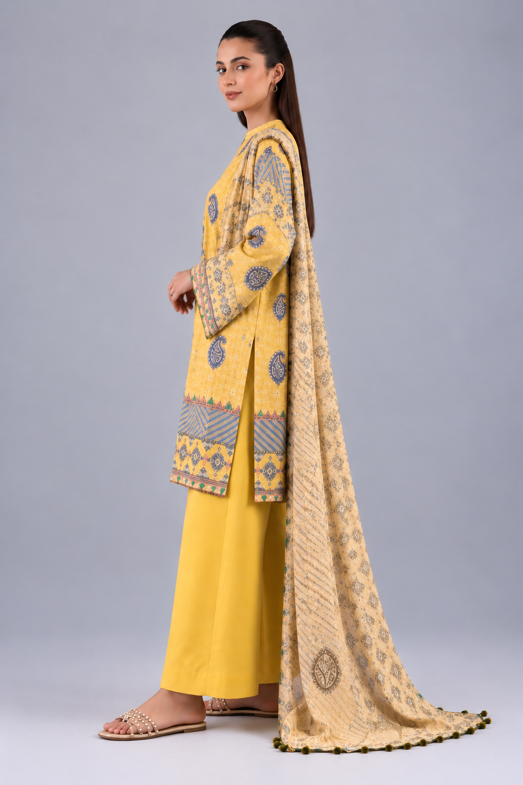 Nishat Mustard Printed Lawn 3-Piece Unstitched Suit with Printed Lawn Dupatta &amp; Dyed Trouser