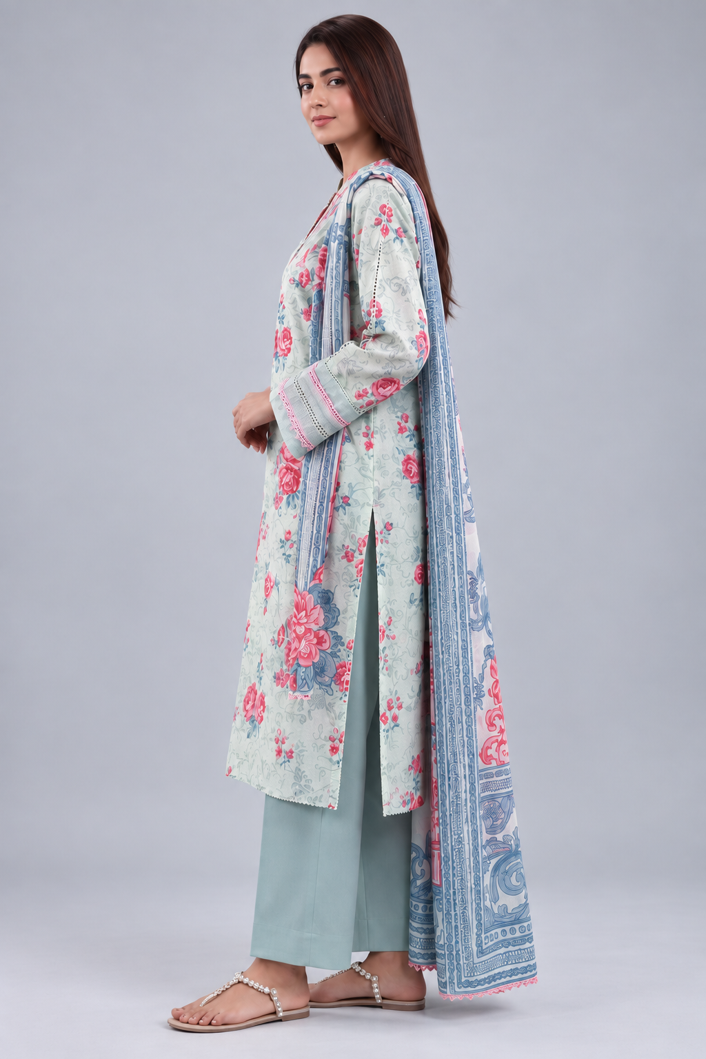 Nishat Mint Floral Printed Lawn 3-Piece Unstitched Suit with Printed Lawn Dupatta & Dyed Trouser