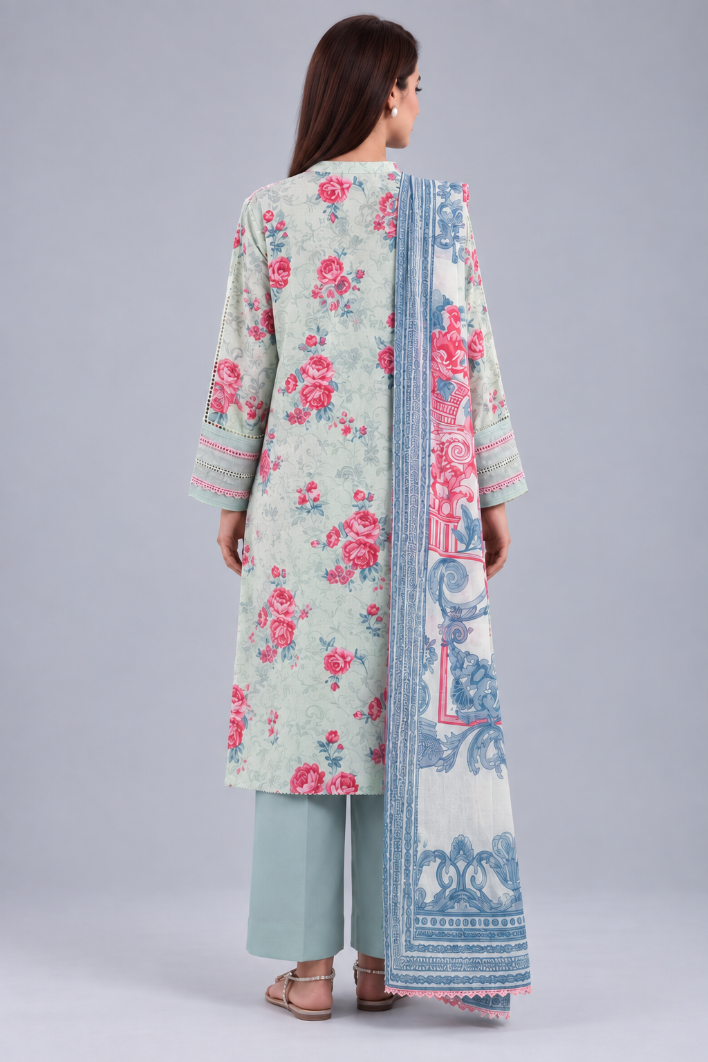 Nishat Mint Floral Printed Lawn 3-Piece Unstitched Suit with Printed Lawn Dupatta & Dyed Trouser