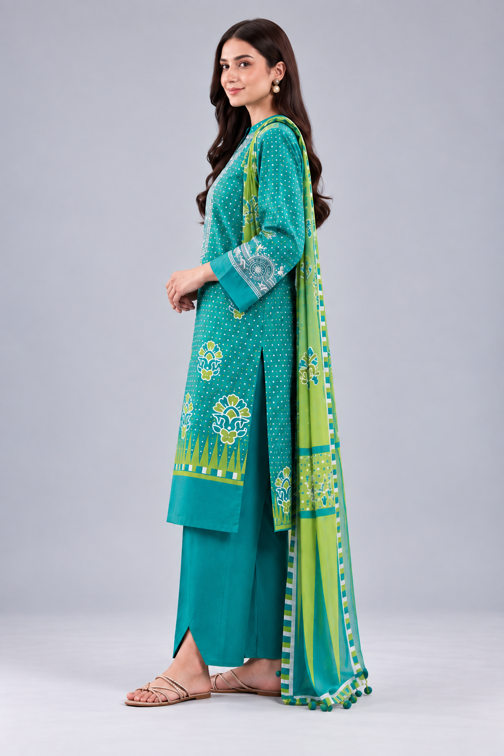 Nishat Teal Printed Lawn 3-Piece Unstitched Suit with Printed Lawn Dupatta & Dyed Trouser