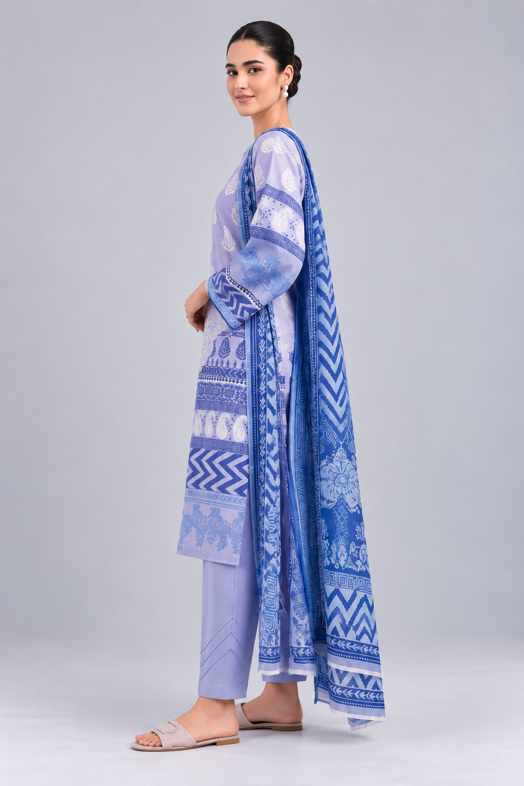 Nishat Lavender Blue Printed Lawn 3-Piece Unstitched Suit with Printed Lawn Dupatta & Dyed Trouser