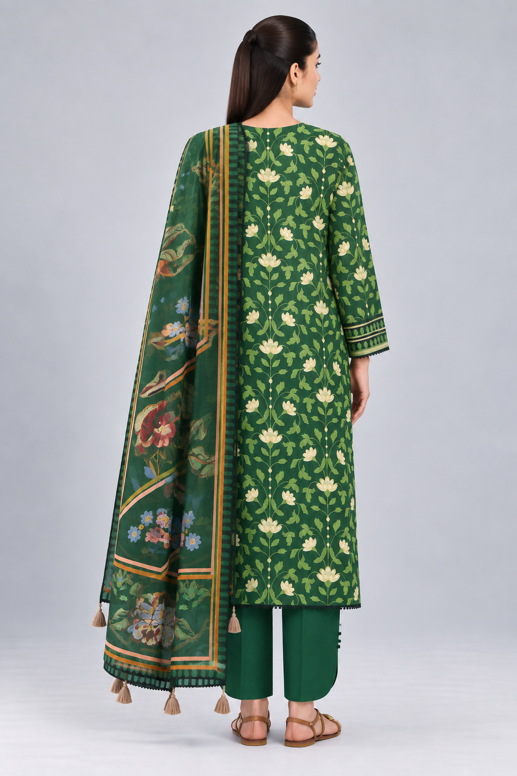 Nishat Emerald Green Floral Printed Lawn 3-Piece Unstitched Suit with Printed Lawn Dupatta & Dyed Trouser