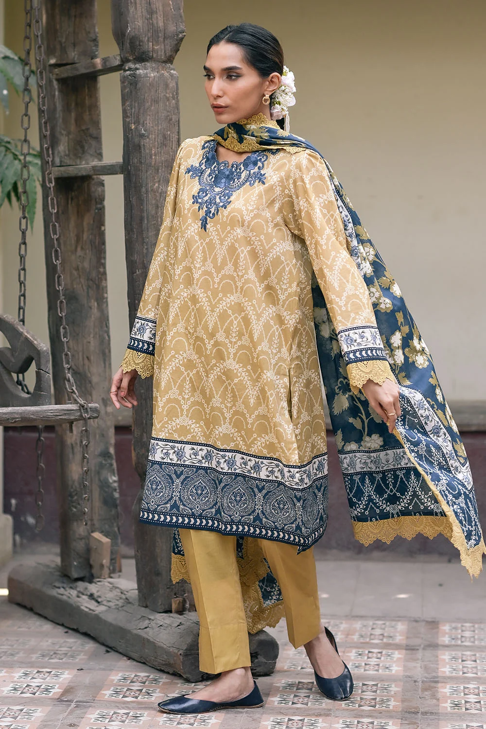 GulAhmed 3-Piece Summer Lawn Suit – Embroidered Printed Shirt with Lawn Dupatta & Dyed Trouser