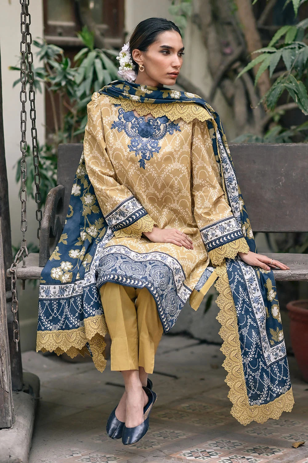 GulAhmed 3-Piece Summer Lawn Suit – Embroidered Printed Shirt with Lawn Dupatta & Dyed Trouser
