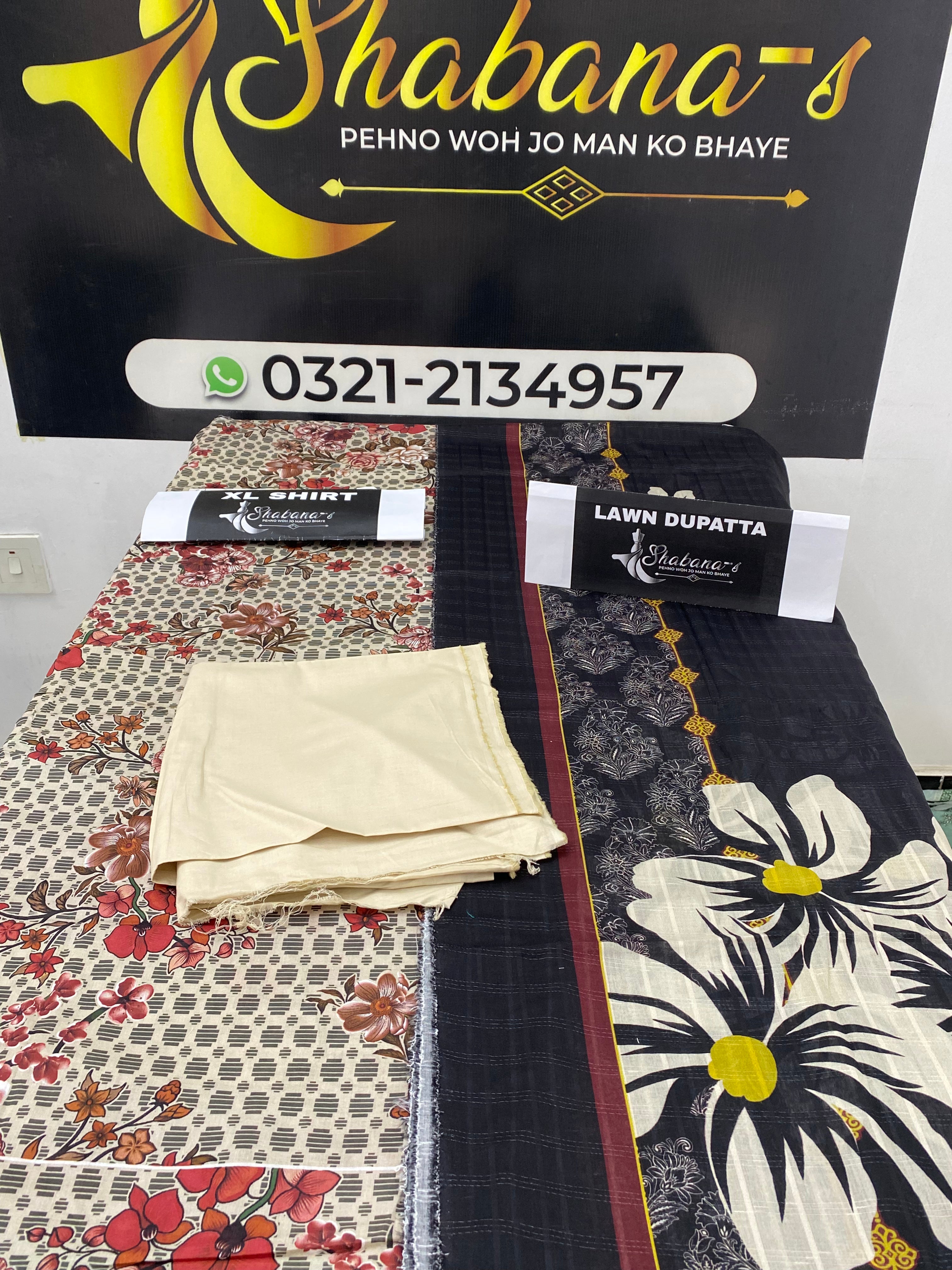 Elaya 3-Piece Printed Lawn Suit – Unstitched Printed Shirt, Lawn Dupatta & Dyed Trouser