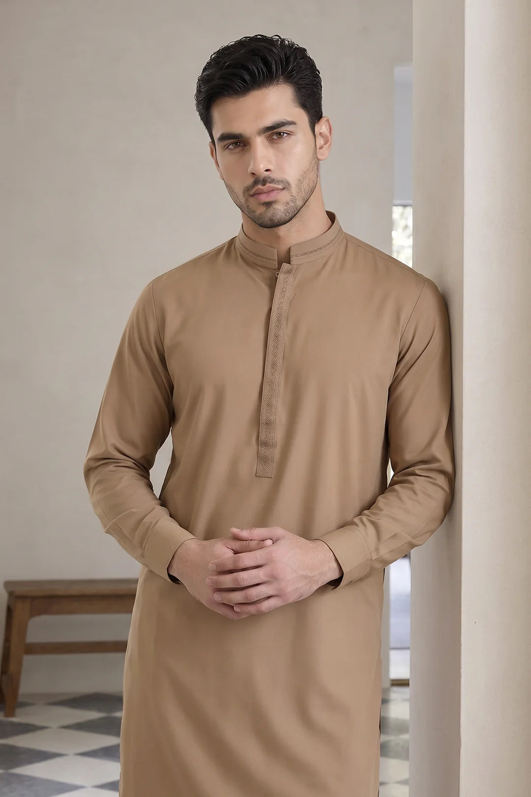 Zellbury Titanium Men’s Unstitched Soft Cotton Suit – Premium Men’s Collection / Light Brown