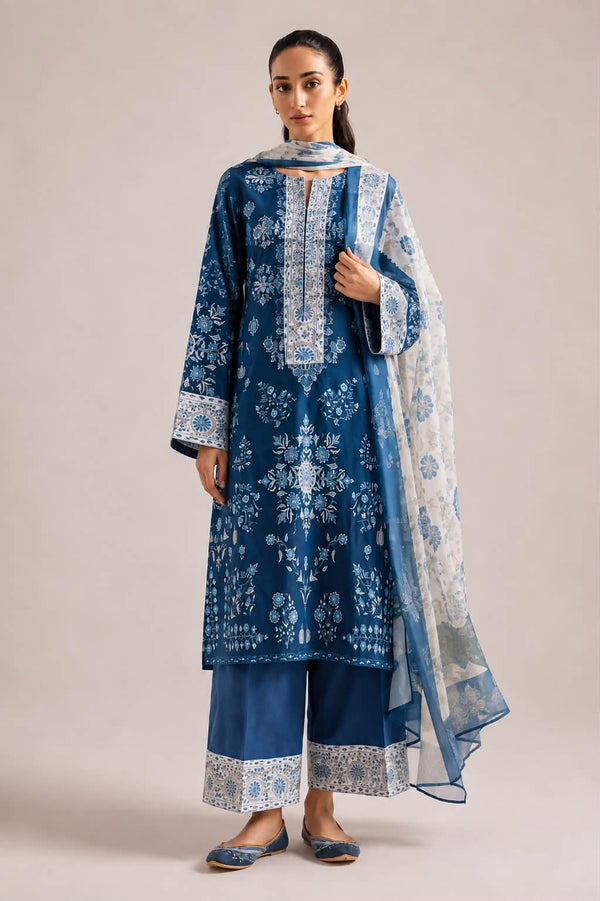ETHNC 3 Piece Embroidered Lawn Suit for Women | Blue Embroidered Lawn Shirt, Dyed Trouser & Printed Lawn Dupatta