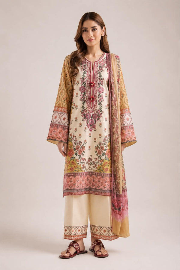 ETHNC 3 Piece Embroidered Lawn Suit for Women | Floral Embroidered Lawn Shirt, Dyed Trouser & Printed Lawn Dupatta