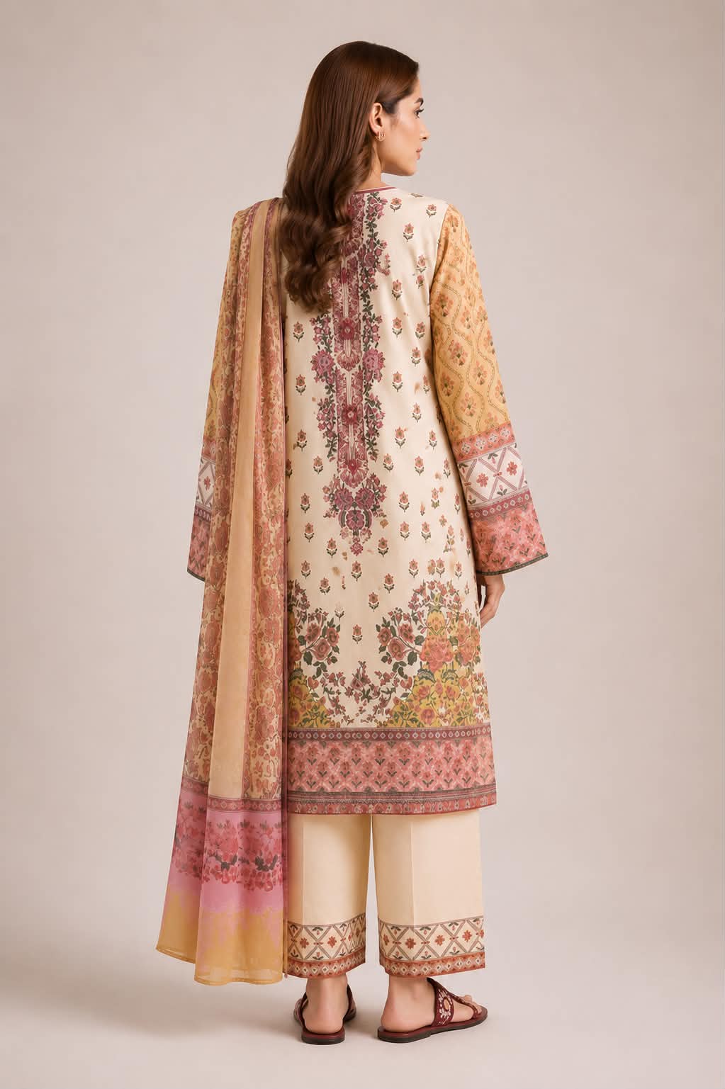 ETHNC 3 Piece Embroidered Lawn Suit for Women | Floral Embroidered Lawn Shirt, Dyed Trouser & Printed Lawn Dupatta