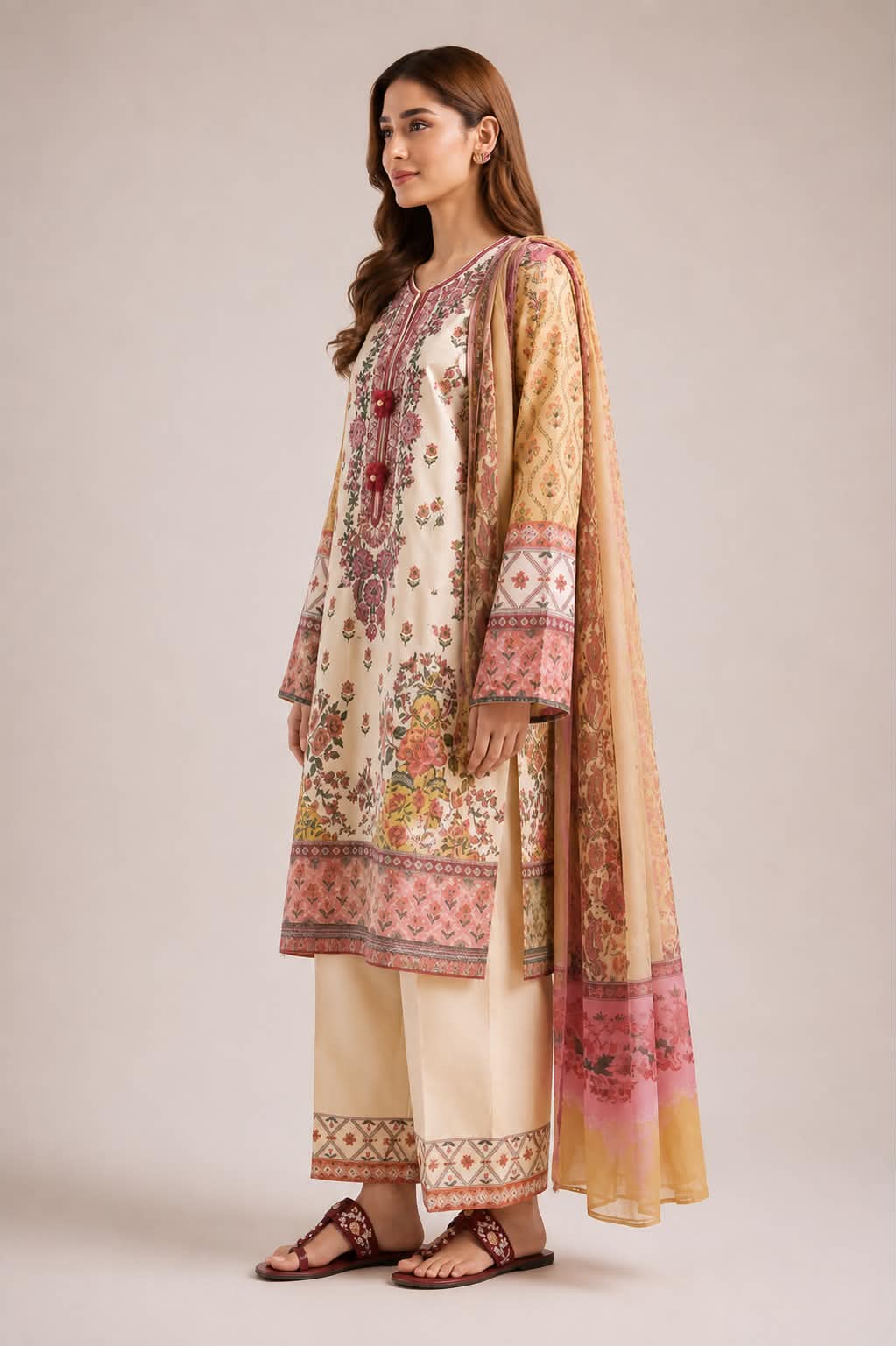 ETHNC 3 Piece Embroidered Lawn Suit for Women | Floral Embroidered Lawn Shirt, Dyed Trouser & Printed Lawn Dupatta