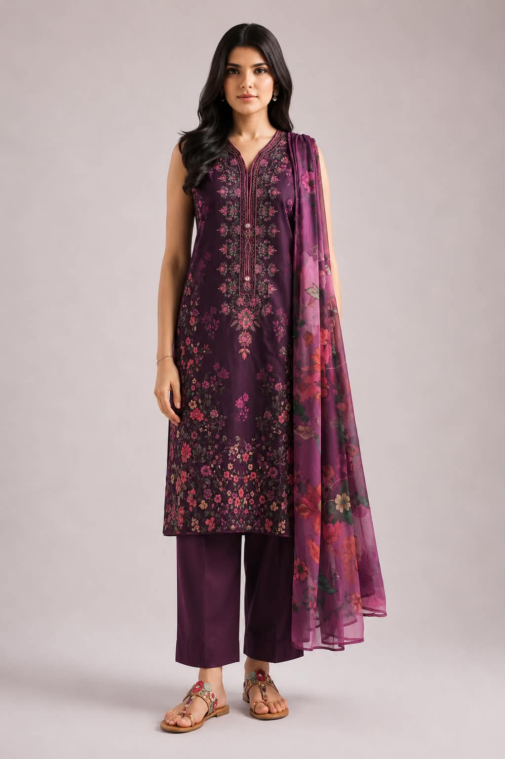 ETHNC 3 Piece Embroidered Lawn Suit for Women | Floral Embroidered Lawn Shirt, Dyed Trouser & Printed Lawn Dupatta