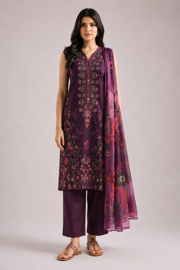 ETHNC 3 Piece Embroidered Lawn Suit for Women | Floral Embroidered Lawn Shirt, Dyed Trouser & Printed Lawn Dupatta