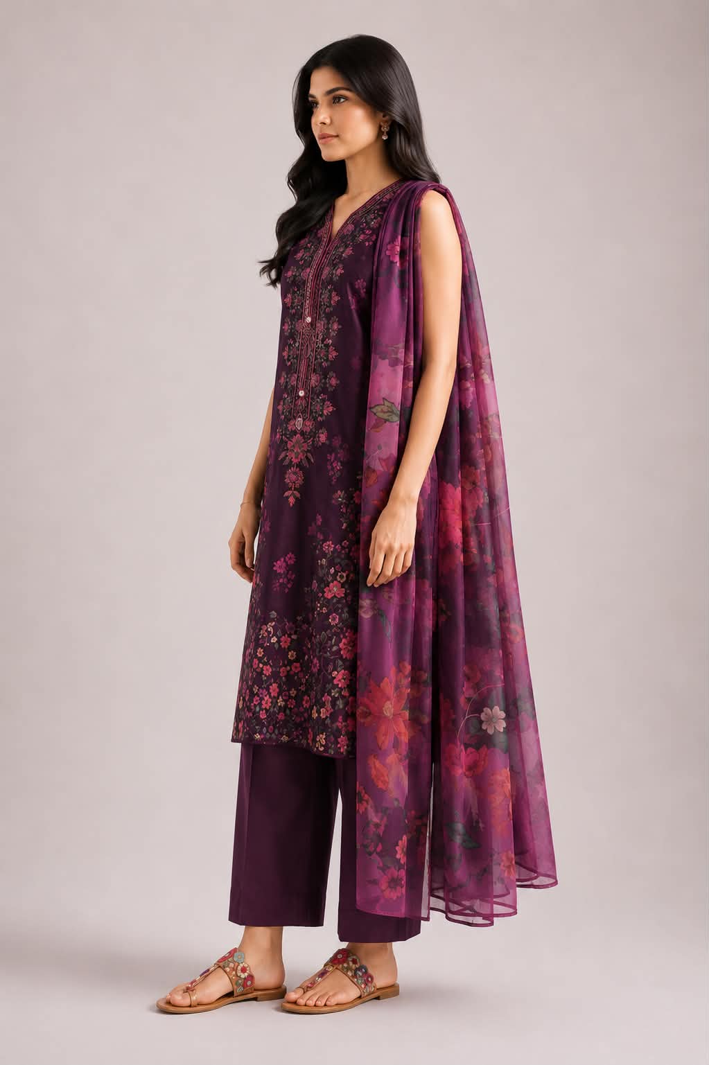 ETHNC 3 Piece Embroidered Lawn Suit for Women | Floral Embroidered Lawn Shirt, Dyed Trouser & Printed Lawn Dupatta