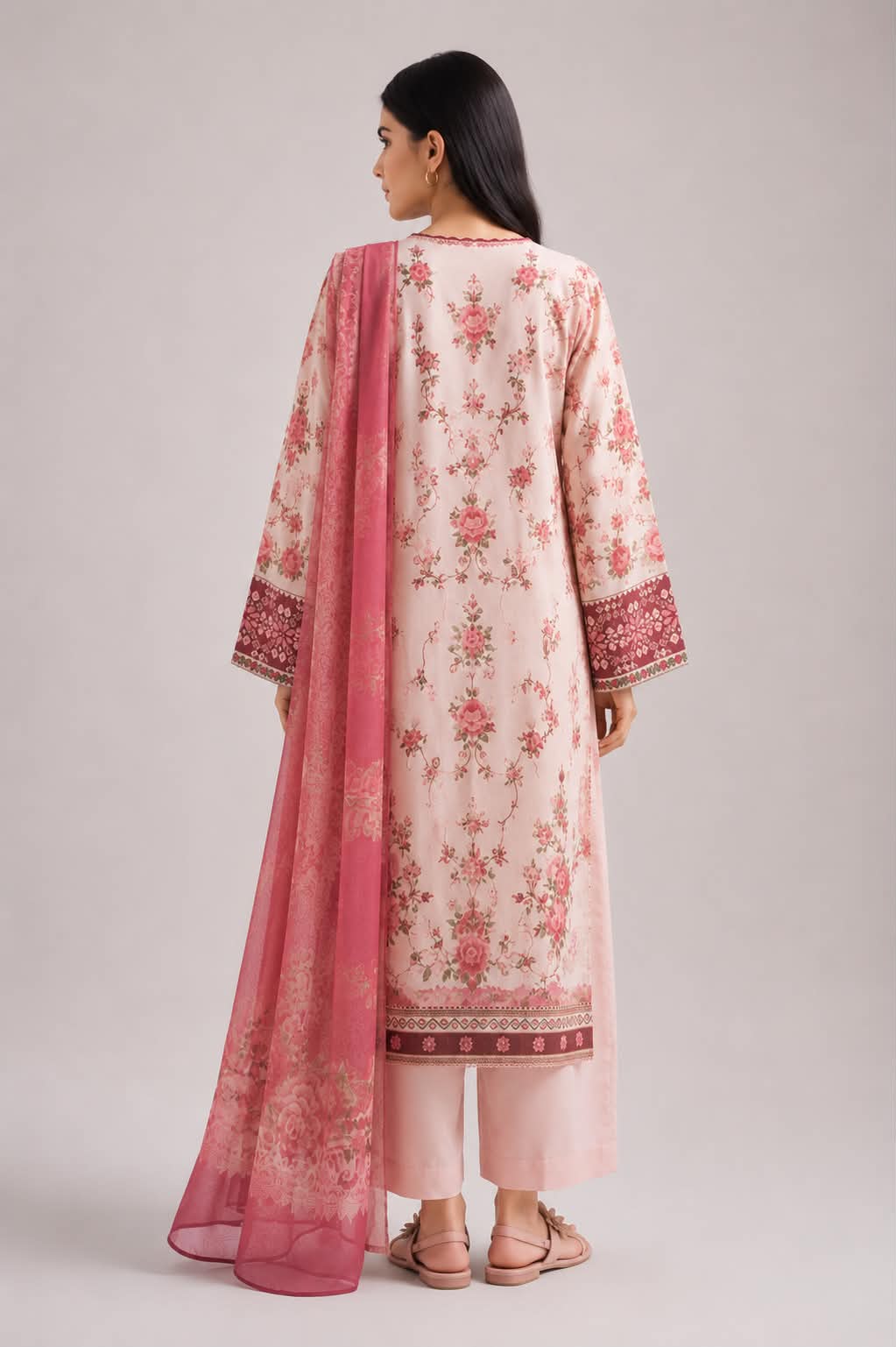 ETHNC 3 Piece Embroidered Lawn Suit for Women | Floral Embroidered Lawn Shirt, Dyed Trouser & Printed Lawn Dupatta