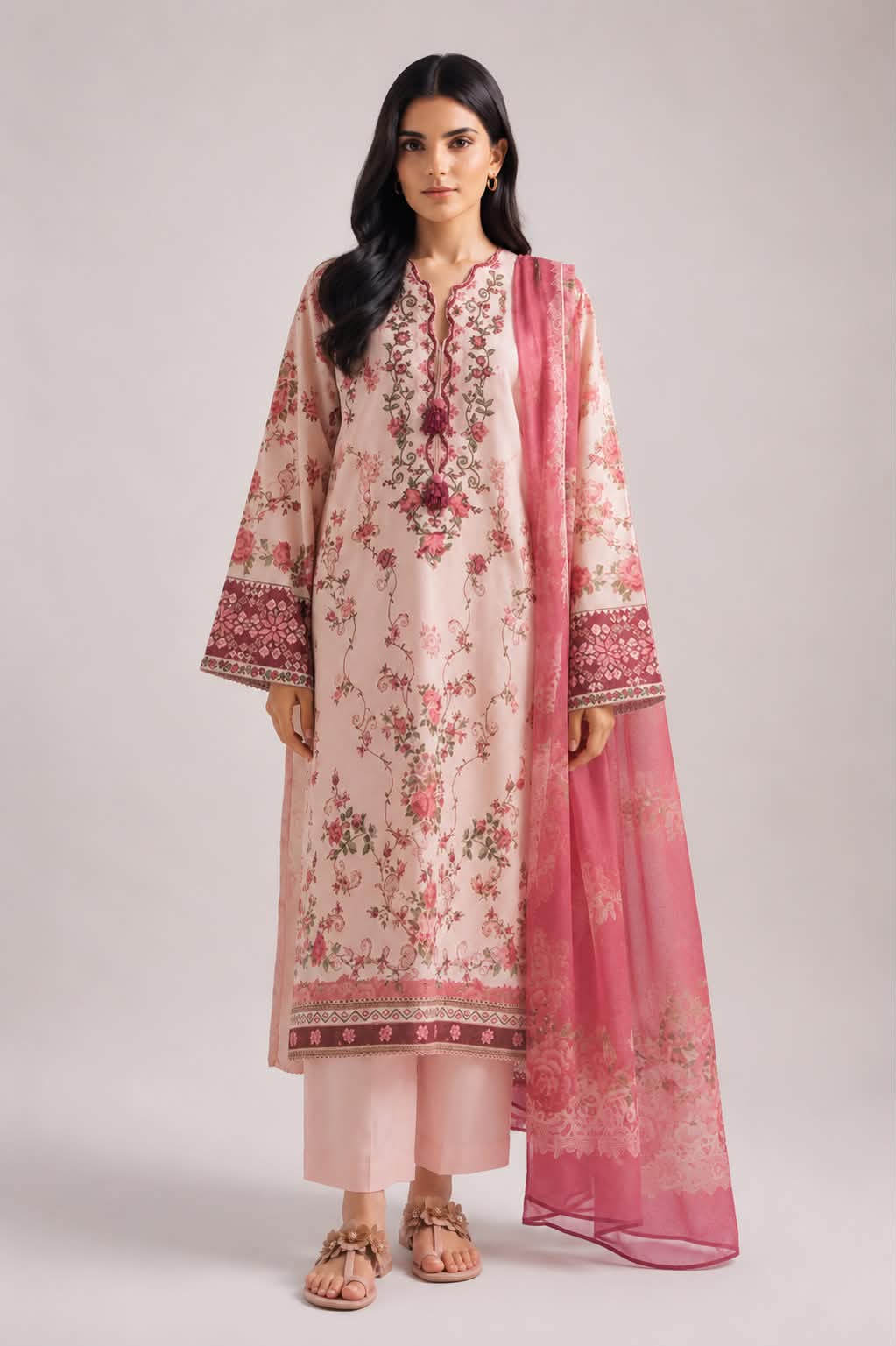 ETHNC 3 Piece Embroidered Lawn Suit for Women | Floral Embroidered Lawn Shirt, Dyed Trouser & Printed Lawn Dupatta