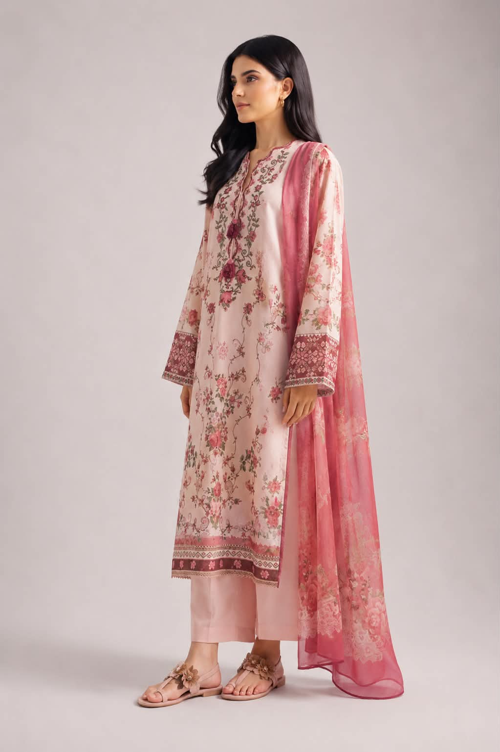ETHNC 3 Piece Embroidered Lawn Suit for Women | Floral Embroidered Lawn Shirt, Dyed Trouser & Printed Lawn Dupatta