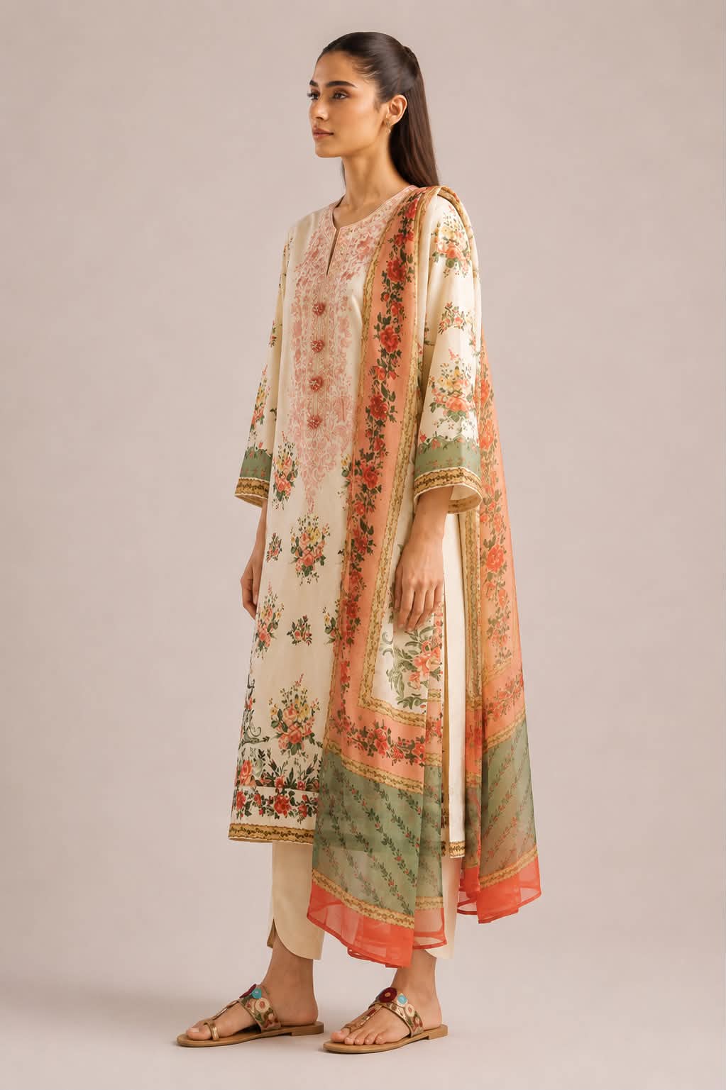 ETHNC 3 Piece Embroidered Lawn Suit for Women | Embroidered Lawn Shirt, Dyed Trouser & Printed Lawn Dupatta