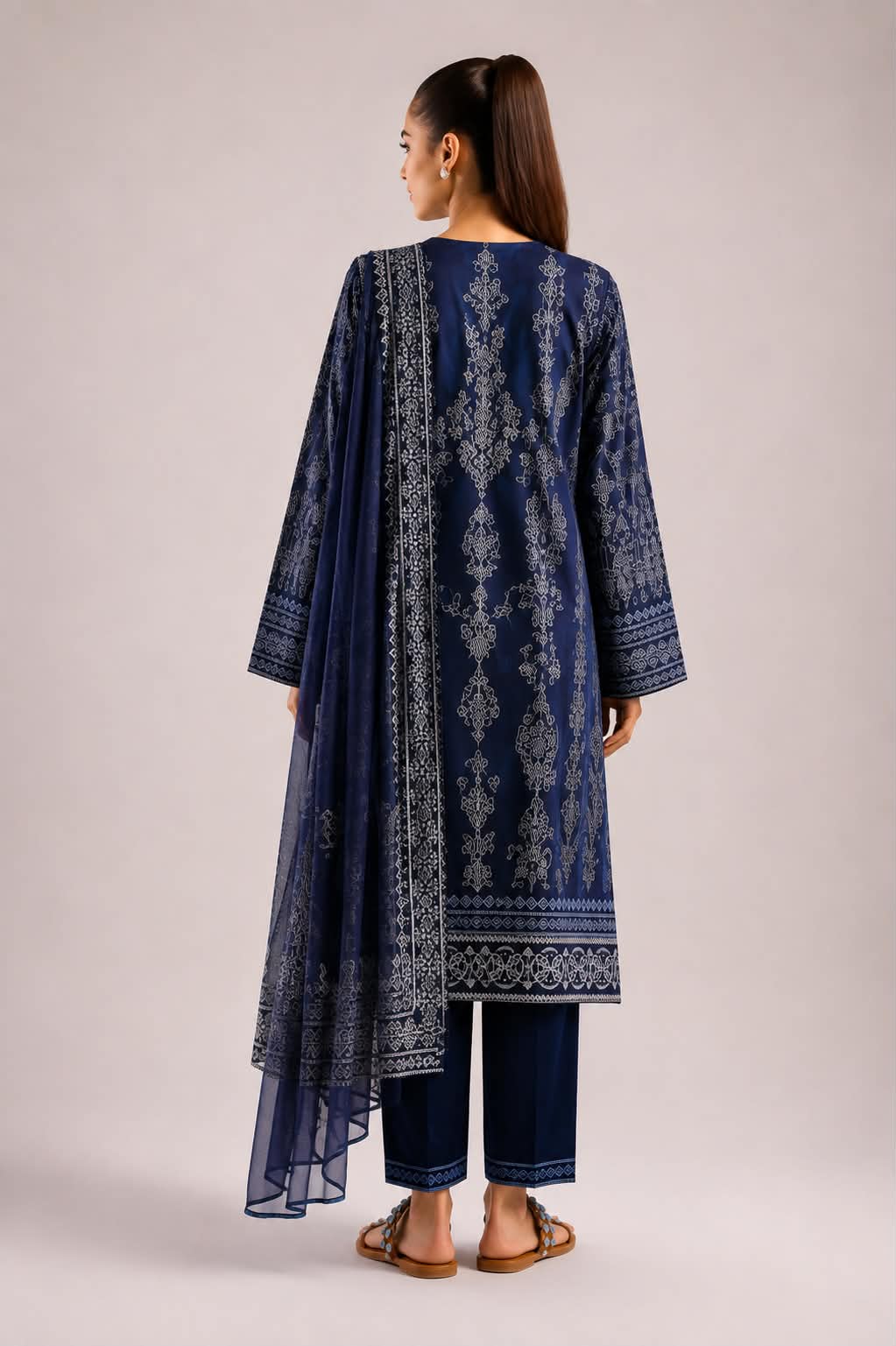 ETHNC 3 Piece Embroidered Lawn Suit for Women | Floral Embroidered Lawn Shirt, Dyed Trouser & Printed Lawn Dupatta