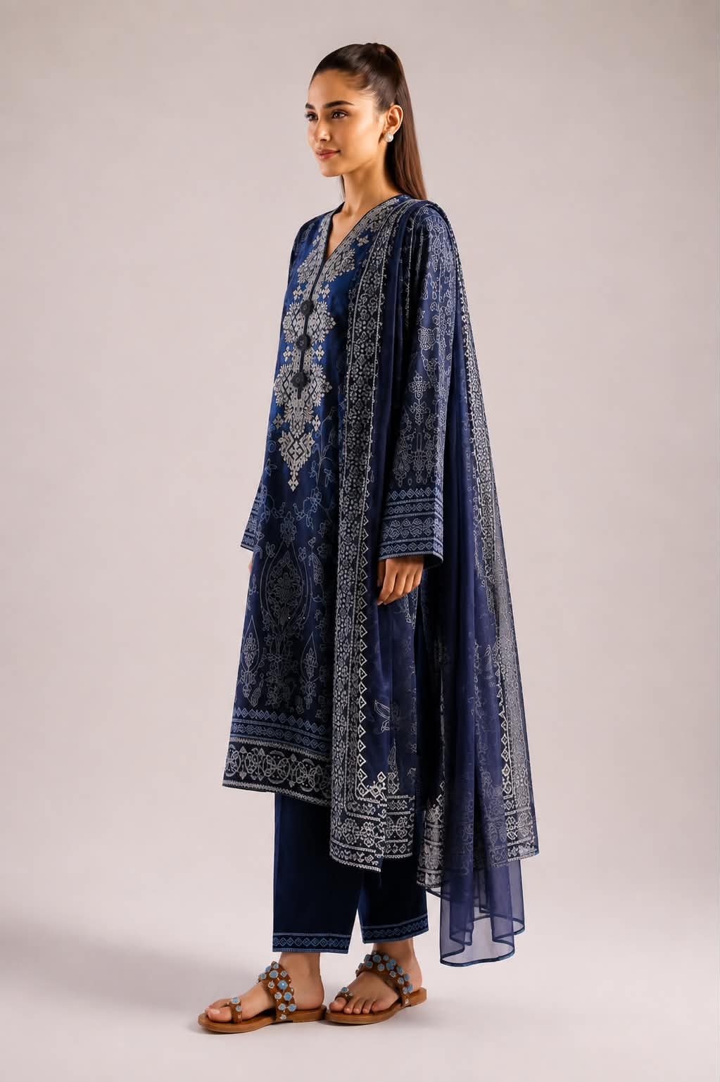 ETHNC 3 Piece Embroidered Lawn Suit for Women | Floral Embroidered Lawn Shirt, Dyed Trouser & Printed Lawn Dupatta
