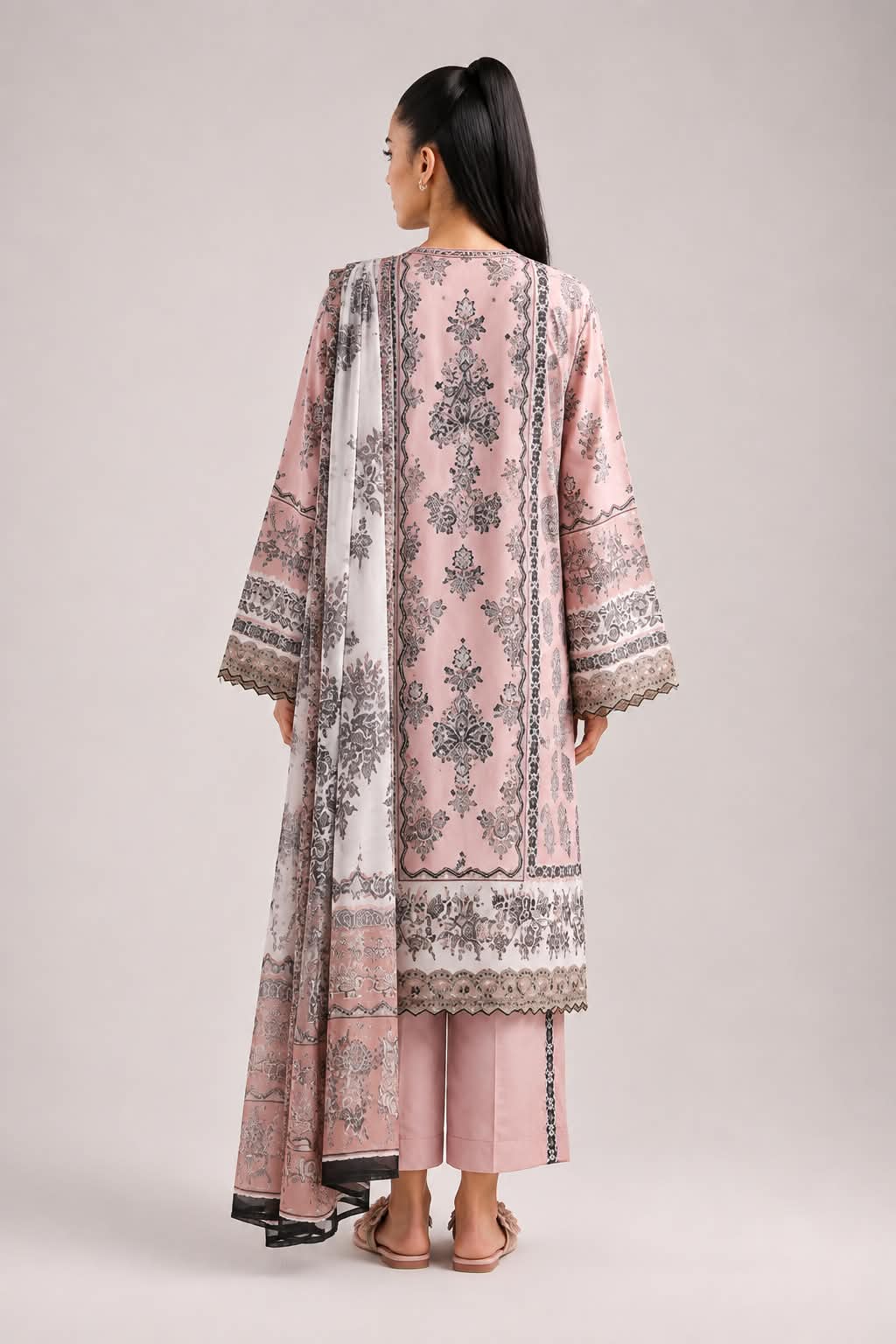 ETHNC 3 Piece Embroidered Lawn Suit for Women | Floral Embroidered Lawn Shirt, Dyed Trouser & Printed Lawn Dupatta