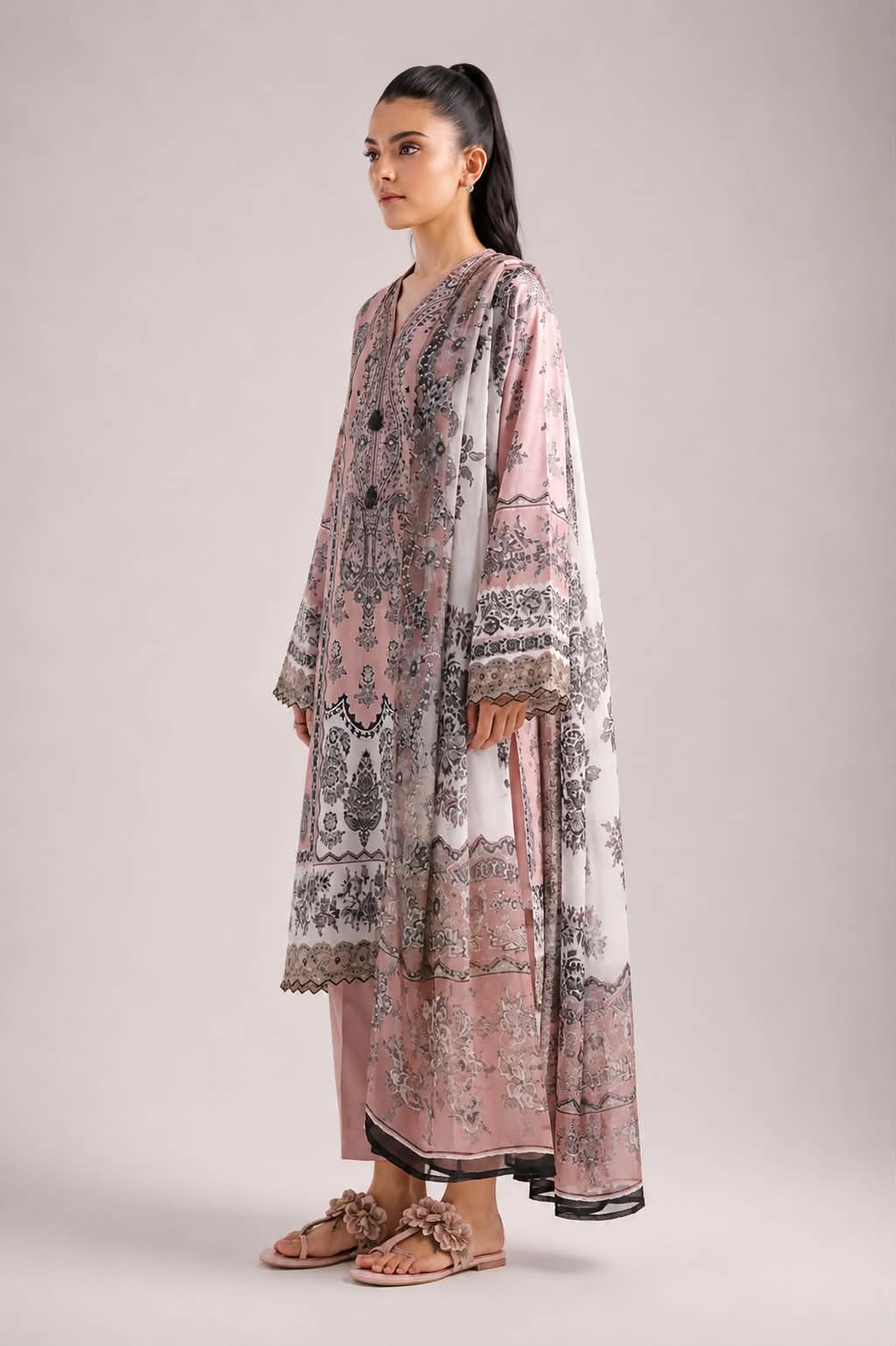 ETHNC 3 Piece Embroidered Lawn Suit for Women | Floral Embroidered Lawn Shirt, Dyed Trouser & Printed Lawn Dupatta