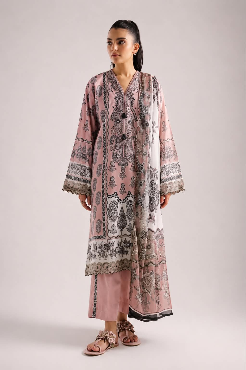 ETHNC 3 Piece Embroidered Lawn Suit for Women | Floral Embroidered Lawn Shirt, Dyed Trouser & Printed Lawn Dupatta