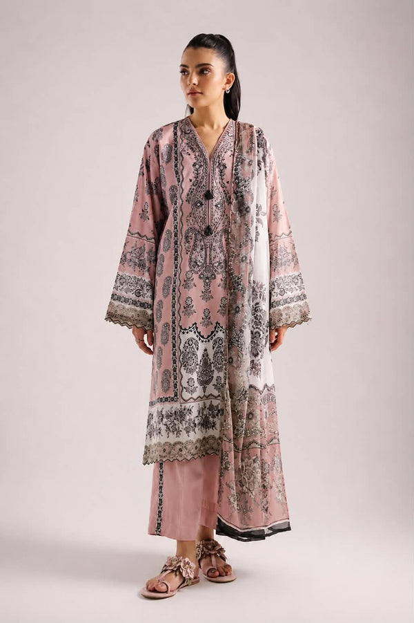 ETHNC 3 Piece Embroidered Lawn Suit for Women | Floral Embroidered Lawn Shirt, Dyed Trouser & Printed Lawn Dupatta